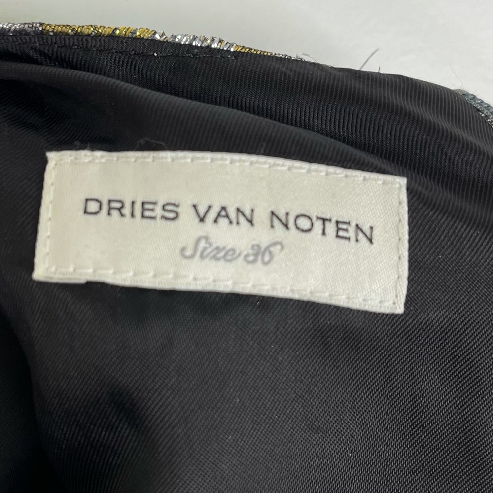 DRIES VAN NOTEN Ruffle Trimmed Metallic Silk Blend Brocade Dress NEW Silver Gold - Picture 13 of 15